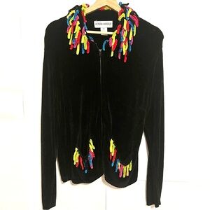 VICTORIA HARBOUR Sweater Jacket Full Zip Up Black with Colorful Fringe